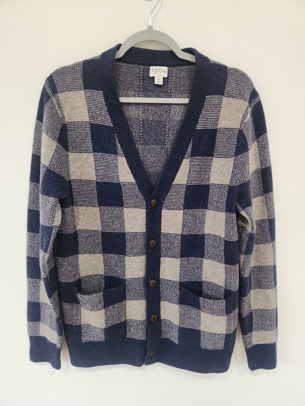 J Crew Cardigan Sweater Mens Small Blue Checkered Merino Wool Knit Top Sweater